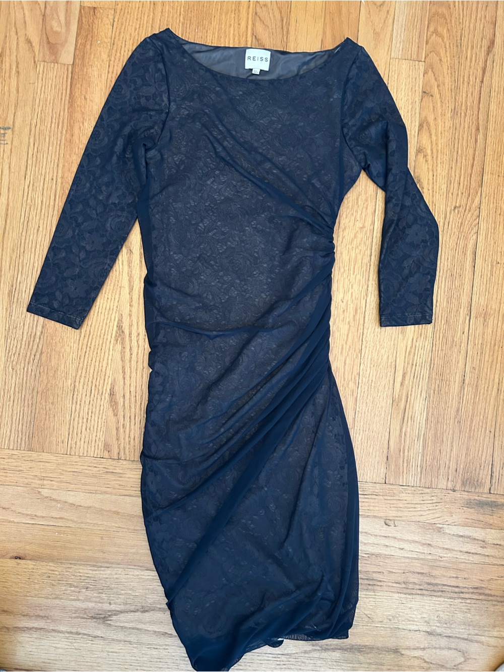 Reiss Navy Lace Ruched Long-Sleeve Sheath Dress